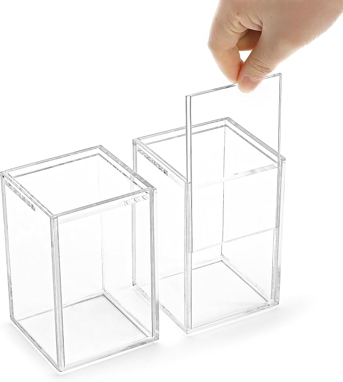 Frcctre 2 Pack Clear Acrylic Display Case, 3x3x4.5 Inches Small Stackable Showcase with Sliding Door, Dustproof Blind Box Organizer Cases for Mini Figures, Collectibles, Toys, Action Figures