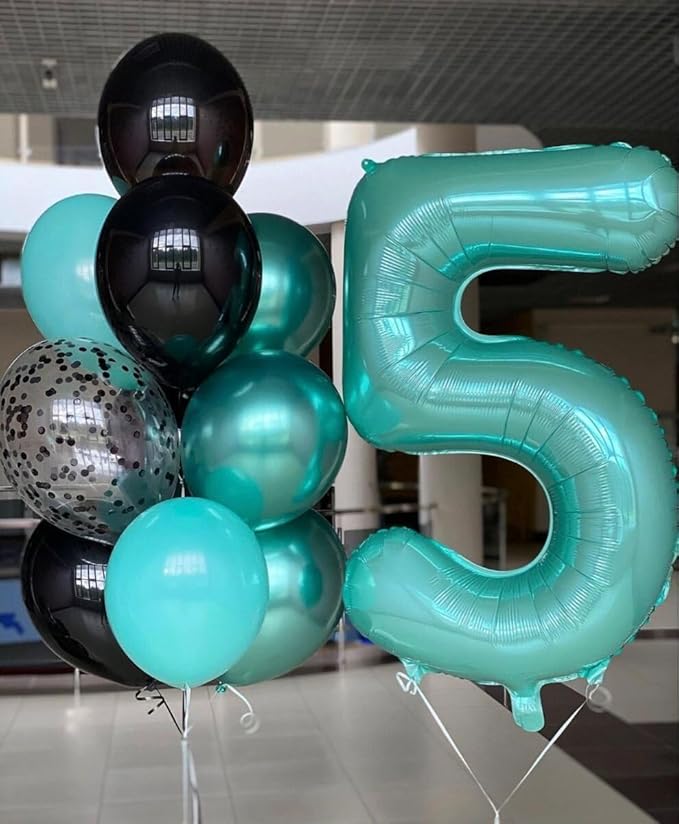 Teal Blue 40 Inch Large Number 5 Birthday Balloon, 2025 Five 5th 15 25 35 50 55 Birthday Celebration Decorations, Teal Blue Foil 5 Mylar Helium Balloons Girl Boy Anniversary Party Supplies