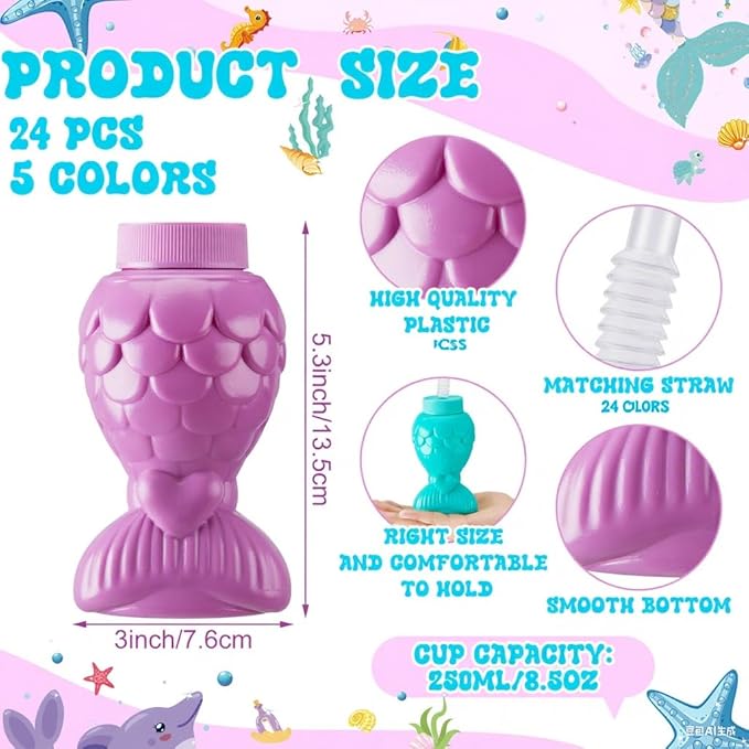 Sliner Mermaid Tumblers with Lids and Straws, Mermai Cups Favors Summer Plastic Sipper Cups for Kids Mermai Birthday Party Gifts Supplies Decorations(24 Pcs, Mermaid)