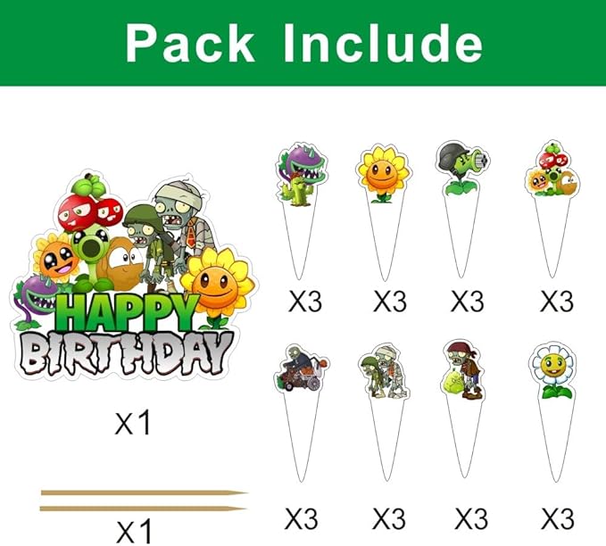 25Pcs Plants and Zombies Cake Decorations with 24pcs Cupcake Toppers, 1pcs Cake Topper for Kids Birthday Party Supplies