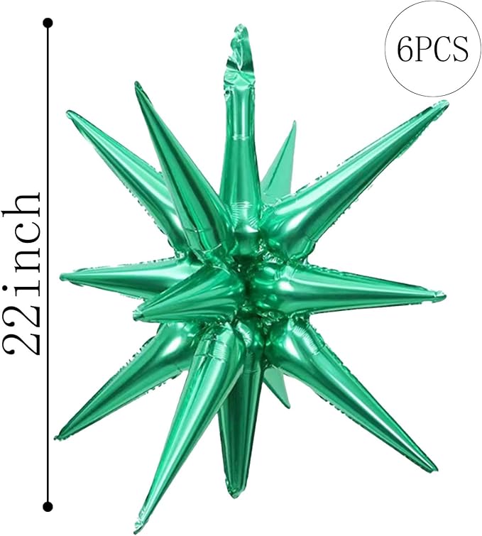 6 Pcs Green Star Foil Balloons One-Piece 14-Pointed Star Balloon 4D Cone Mylar 22inch Christmas Birthday Wedding Fireworks Shape Party Supplies (Green)