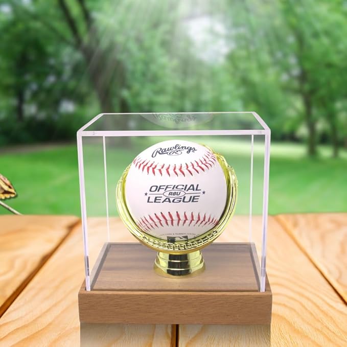 Gold Glove Baseball Display Case Holder Walnut Wood by Display Zone – Clear Homerun Cube Keepsake Box for Signed, Autograph, and Game Balls - Real Walnut Wooden Base