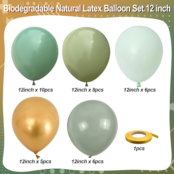 Sage Green and Gold Balloons, Pastel Sage Gold Party Balloons, Eucalyptus Olive Mint Green Biodegradable Balloon for Baby Shower Birthday Engagement Wedding Anniversary Tea Party Round Decorations