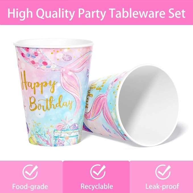 120Pcs Mermaid Birthday Party Plates Under the Sea Ocean Paper Disposable Tableware Set for Girls Kids Birthday Party Decorations Serve 24