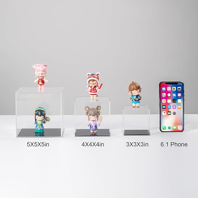 Clear Acrylic Simple Self-Assembly Display Box with Black Base, Removable Figures Toys Props Display Riser Stand, Cube Countertop Decorative Storage Box for Home Organization, 5x5x5Inch