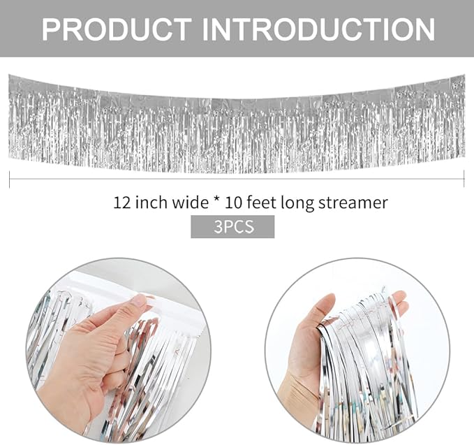 BEISHIDA 3 Packs 30 Feet Metallic Foil Fringe Garland Tinsel Streamers，Shiny Silver Wall Hanging Tinsel Fringe Banners for Wedding Birthday Party Decoration Halloween Christmas New Year