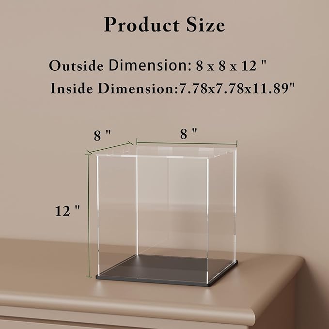 Acrylic Display Case with Black Base, Simple Self-Assembly Box, Tall Countertop for Collectibles (8x8x12 inch)