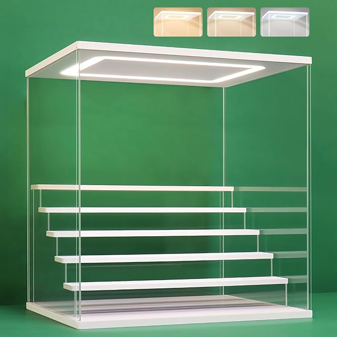 NONEMEY Clear Acrylic Display Case Stand with LED Light 2/3/4/5/6 Tier Storage Box Showcase Dustproof Organizer Box for Collectibles (White 6 Tiers 15.7 * 12.5 * 16.5inch)