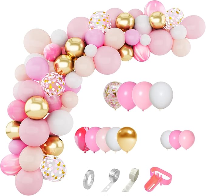 Amandir 144Pcs Pink Balloons Garland Arch Kit Light Pink Gold White Confetti Latex Metallic Balloons for Valentines Day Girl Birthday Baby Shower Wedding Graduation Party Decorations Supplies