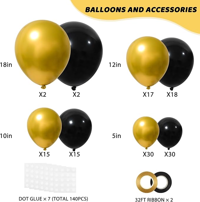 RUBFAC Black and Gold Balloons 129pcs Different Sizes Pack of 18 12 10 5 Inch, Latex Balloon Garland Arch Kit for Party Graduation Wedding Holiday Happy Birthday Decoration
