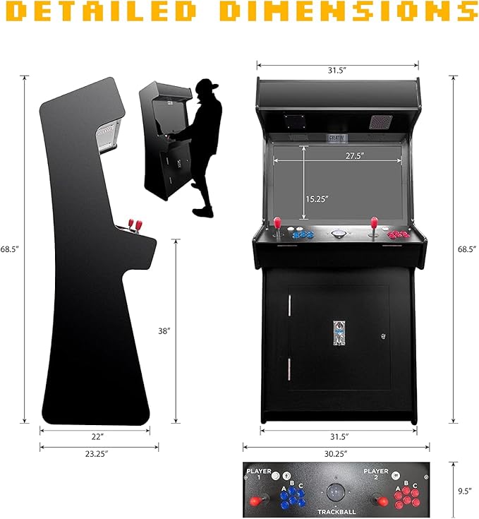 Creative Arcades Full Size Stand-Up Commercial Grade Arcade Machines | 2 Player | 3500 Games | 32" LCD Screen | 2 Sanwa Joysticks | Trackball | Woodgrain | 2 Stools Included | 3 Year Warranty