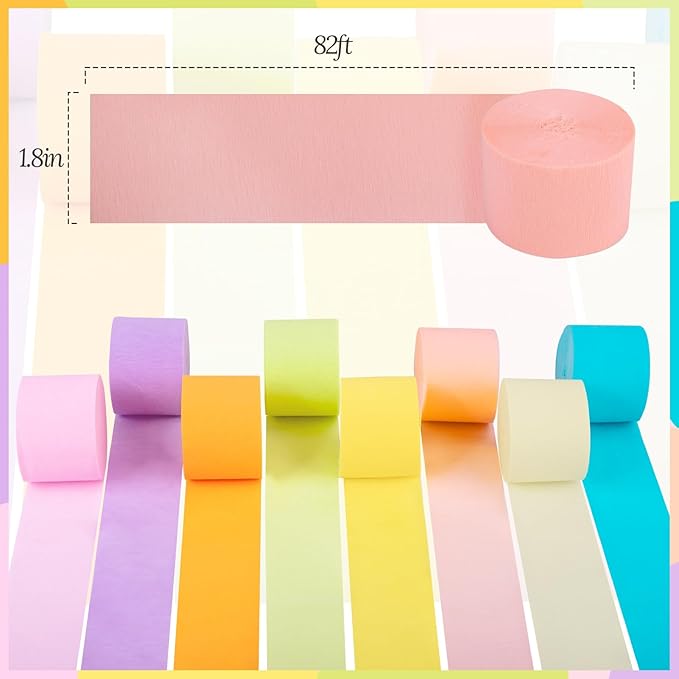 Crepe Paper Streamers, 8 Rolls Pastel Streamers Party Decorations, Party Streamer for Pastel Birthday Party Decorations, Wedding Bridal Baby Shower Decorations