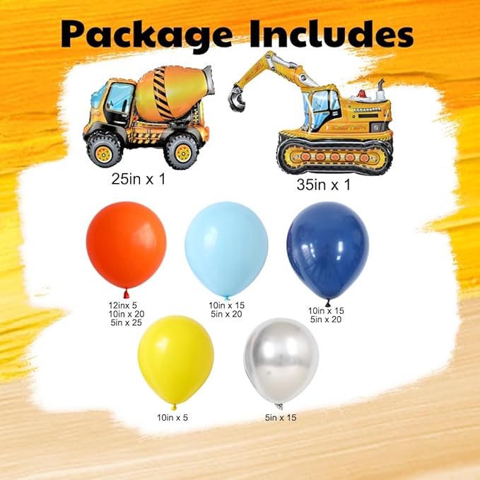 Construction Birthday Party Supplies 145PCS Construction Balloons Arch Kit‌ Yellow Blue Construction Themed Party Decorations for Boys 3rd Large Self Standing 4D Excavator Mixer Truck Foil Balloons