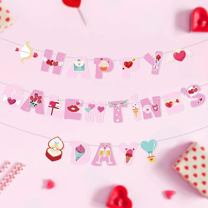 Happy Galentine's Day Banner Pink Galentine’s Day Garlands Decorations with Heart Valentines Day Banner for Girls Ladies Friends Galentines Day Decoration