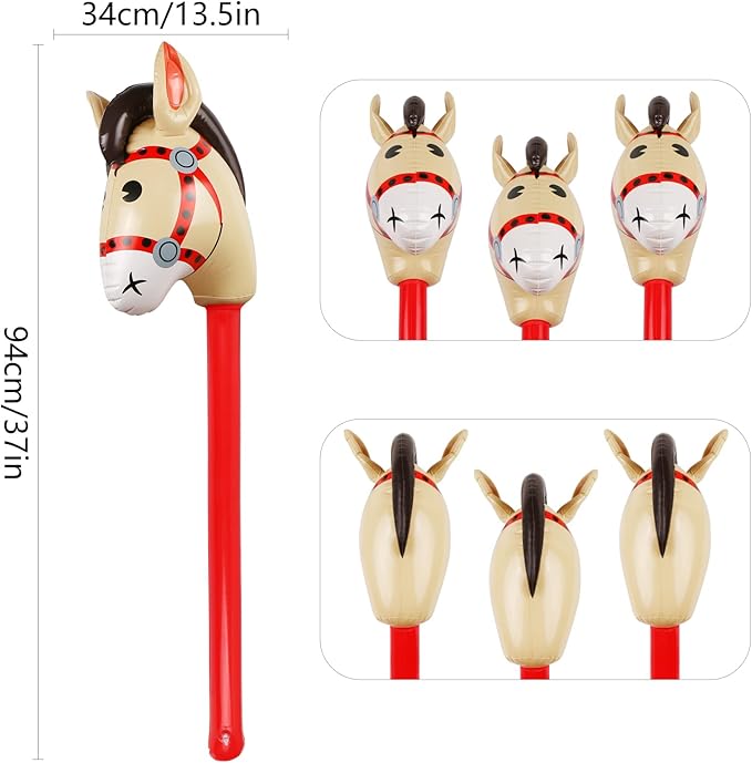 12PCS Inflatable Stick Horse,Blow Up Horse Head on Stick Pony Costume Western Cowboy Cowgirl Baby Shower Birthday Party Decorations Halloween Supplies Favors Props, 38 Inches (Red)