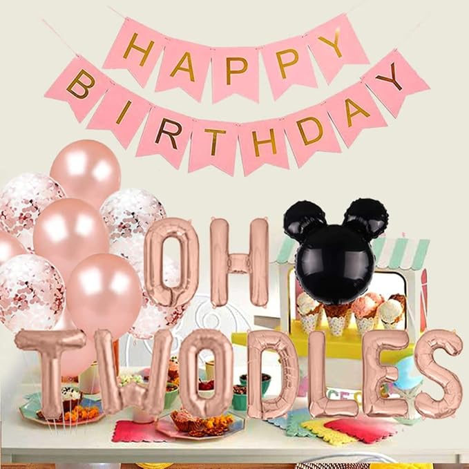 Oh Twodles Birthday Balloons, Oh Twodles Balloon Banner Party Supplies Number 2 Balloon for 2nd Second Boy Birthday Party Decoration 12PCS Kit of Geloar (Rose Gold)