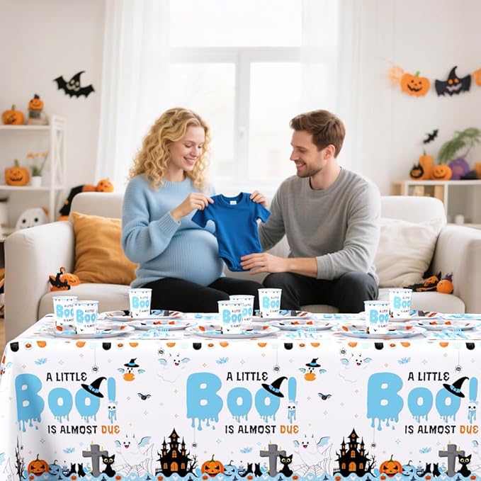 194Pcs Halloween Baby Shower Decorations for Boy A Little Boo is Almost Due Baby Shower Party Plates, Cup, Napkin, Tablecloth, Tableware, Halloween Themed Party Supplies Plates Serve 24 Guests