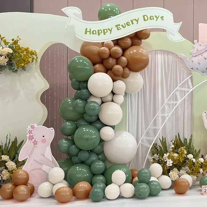 Sage Green Brown White Garland Arch Kit, 155Pcs Latex Balloons Different Sizes 18 12 10 5 inch for Safari Jungle Woodland Birthday Baby Shower Decorations