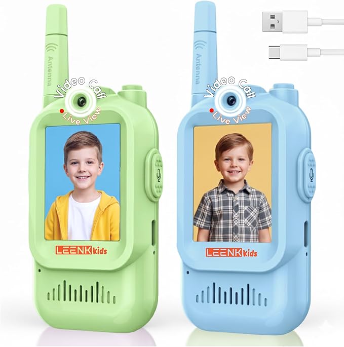 LEENK Kids Video Walkie Talkies 2 Pack – Rechargeable Video Intercom Handheld, Indoor & Outdoor Range, Easy Use for Ages 3-12, Eco ABS, Clear Voice & Long Distance Communication (Blue & Green)