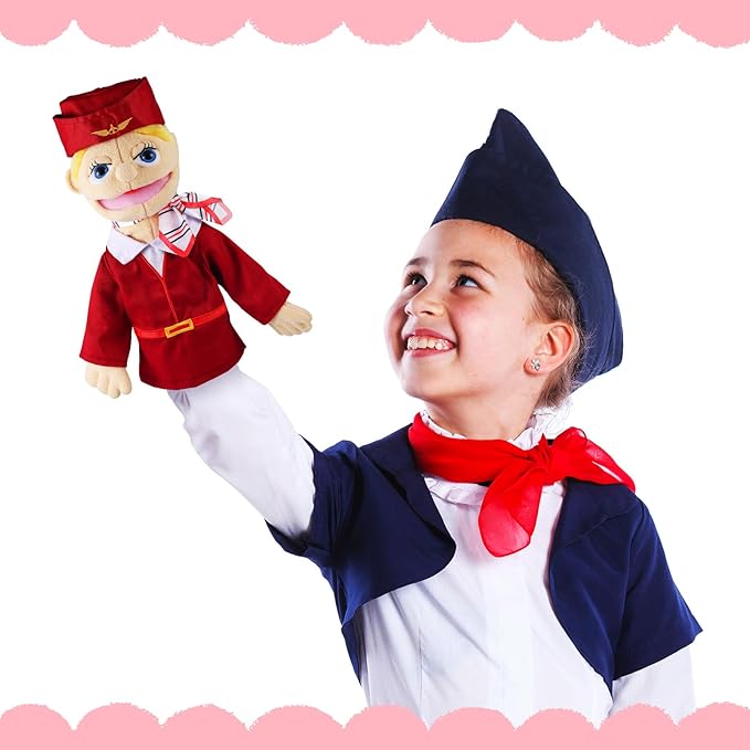 Role Play Hand Puppets Hand Plush Chef Doctor Fireman Pirate Detective Athlete Nurse Worker Hand Puppet Toys Puppets for Kids Storytelling Imaginative Pretend Play Teaching Preschool(Stewardess)