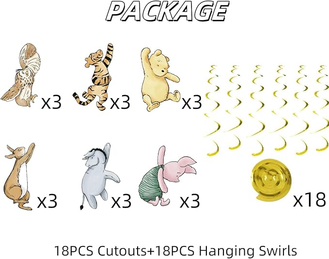 18Pcs Winnie Baby Shower Decorations Classic Pooh Hanging Decorations Swirls for Birthday Supplies Oh Baby Party Deocration