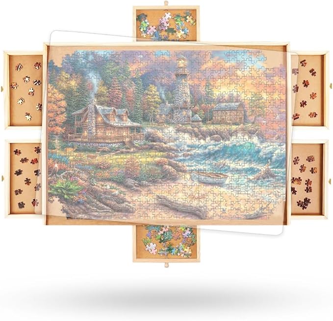 2000 Piece Wooden Jigsaw Puzzle Board -6 Drawers, Rotating Puzzle Table | 41.5” X 30” Jigsaw Puzzle Table | Cover Included - for Adults and Kids by Beyond Innoventions