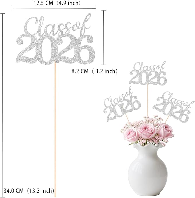 Silver Class of 2026 Double-sided Graduation Table Centerpieces, 12 Pcs Grad Party Decorations with Sticks, Graduation 2026 Party Supplies for Table Decor