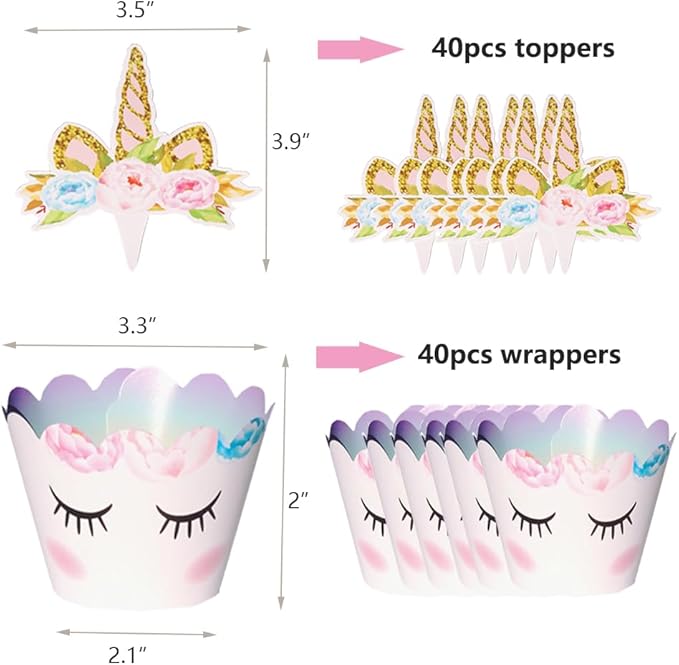 80 Pieces Unicorn Cupcake Toppers and Wrappers Decorations Unicorn Cup Cake Liners Rainbow Birthday Party Supplies Used for decorating desserts at birthday parties