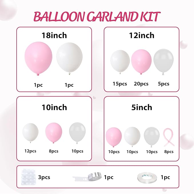 Pink and White Balloon Arch Kit,Baby Pink Clear Long Balloons for Girl Light Pink Latex Bow Birthday Party Decorations Wedding Baby Shower Bridal Engagement Anniversary Pink Bow Decor