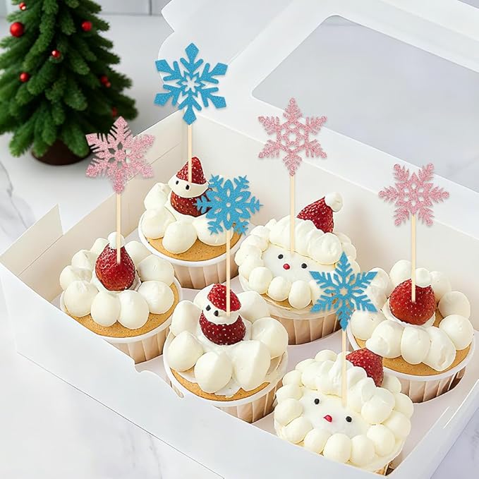 Snowflake Cupcake Toppers, 24 PCS Glitter Winter Frozen Cupcake Picks Cake Decorations, Blue and Pink Snowflake Food Picks Toppers for Christmas Winter Wonderland Baby Shower Party Decoration Supplies