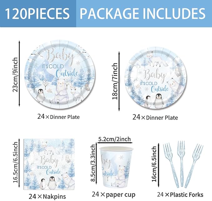 120pcs Winter Woodland Baby Shower Decorations Arctic Animals Plates Napkins Baby It's Cold Outside Cup Snowflake Penguin Arctic Fox Tableware Set Disposable Forks for 24 Guests