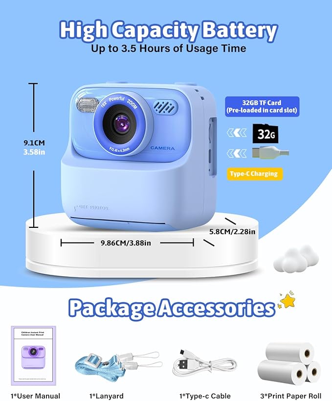 Mgaolo Kids Camera Instant Print Photo,Children Digital Camera Toys Gift with HD Video for Girls Boys 3-12 Age,Chritmas Birthday Festival Present for 3 4 5 6 7 8 9 Year Old Child (Blue)