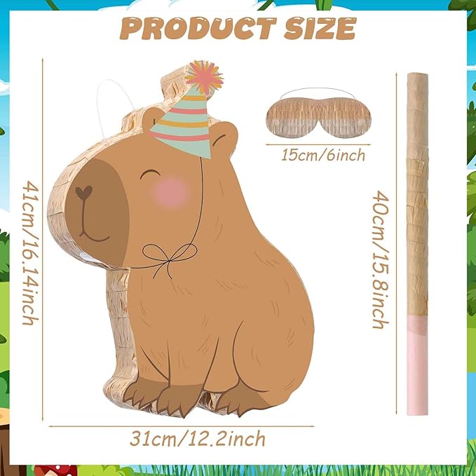 Aoriher Capybara Piñata with Stick Blindfold & Confetti - Birthday Party Favors Decorations for Animal Theme Party Supplies Toys Outdoor Games, 15 x 13 x 3.2 Inch