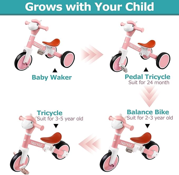Toddler Balance Bike with Light & Music, Tricycle for Toddlers 1-5 Year Olds, Toddler Tricycle for Boys Girls, Kids Bicycle with Removable Pedal, Birthday Gifts for 1 2 3 4 5 Year