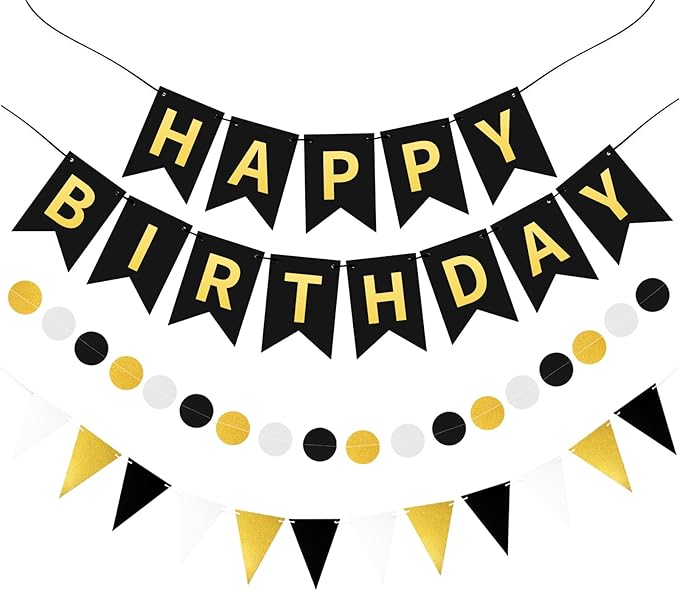 Black Gold Happy Birthday Banner, Happy Birthday Decorations Hanging Birthday Sign Circle Dot Triangle Bunting for Women Men Girl Boy Party Supplies