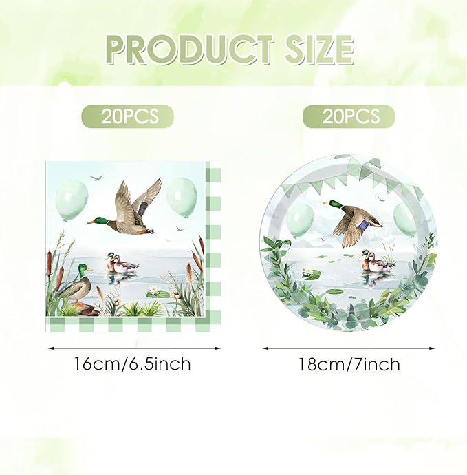 40PCS Lucky Duck Birthday Decorations Disposable Mallard Duck Hunting Birthday Party Supplies Tableware Set Include Paper Plates, Napkin for Duck Baby Shower Table Decorations, Serves 20