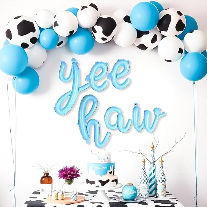 Yee Haw Balloons and Banner for Western Cowboy First Rodeo Birthday, Bachelorette Decorations (Blue)