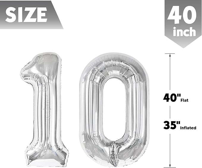 40 Inch Sliver Number 10 Balloon, Giant Number 10 Balloons for 10th Birthday Decorations, Party Supplies for Baby Boy Girl, Sliver Party Decor