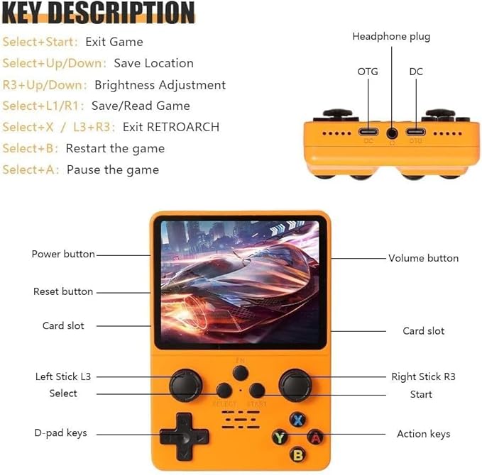 QuantumG - R35S Retro Handheld Game Console with 3.5 Inch IPS HD Display, Linux System, 64GB Inbuilt Games – Compact Pocket Video Game (Yellow)