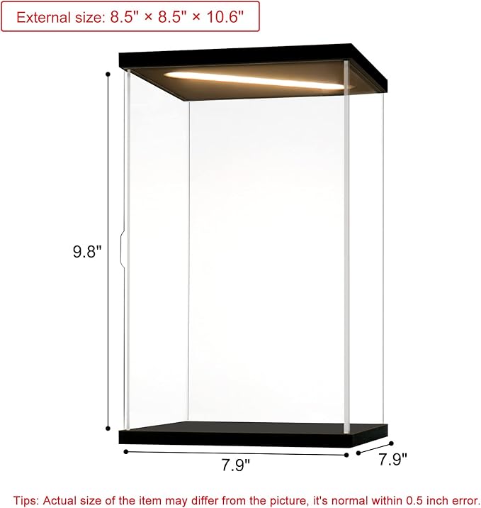 Acrylic Display Case for Collectibles Clear Acrylic Boxes for Display Action Figures Dolls Lighted Trophy Memoribilia Display Case Home Storage Box(Black-Solid Yellow; 7.9*7.9*9.8 inch)