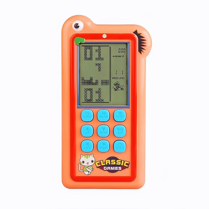 Cartoon Block Game Console Big Screen 23/26 Bricck Game Dual Mode Silicone Buttons Dual Powered by Rechargeable Lithium Battery/AA Retro Handheld Portable Toy Children/Teens Gifts (Orange)