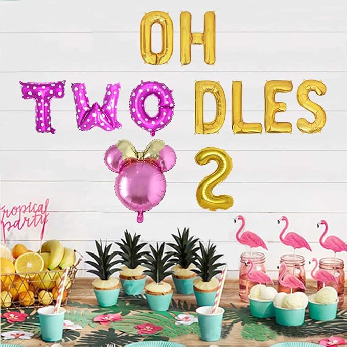 Pink Oh Twodles Balloon Birthday Banner Party Supplies Number 2 Balloon for 2nd Second Girl Birthday Party Decoration 13PCS Kit of Geloar (Pink)