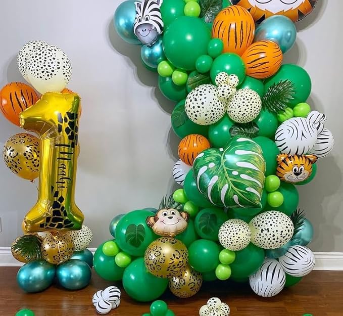 Jungle Safari Balloons, 50 Pcs Animal Print Balloons, 12 Inch Dark Metallic Green Gold Confetti Deer Paw Print Tiger Zebra Leopard Balloons for Birthday Baby Shower Jungle Safari Party Decorations
