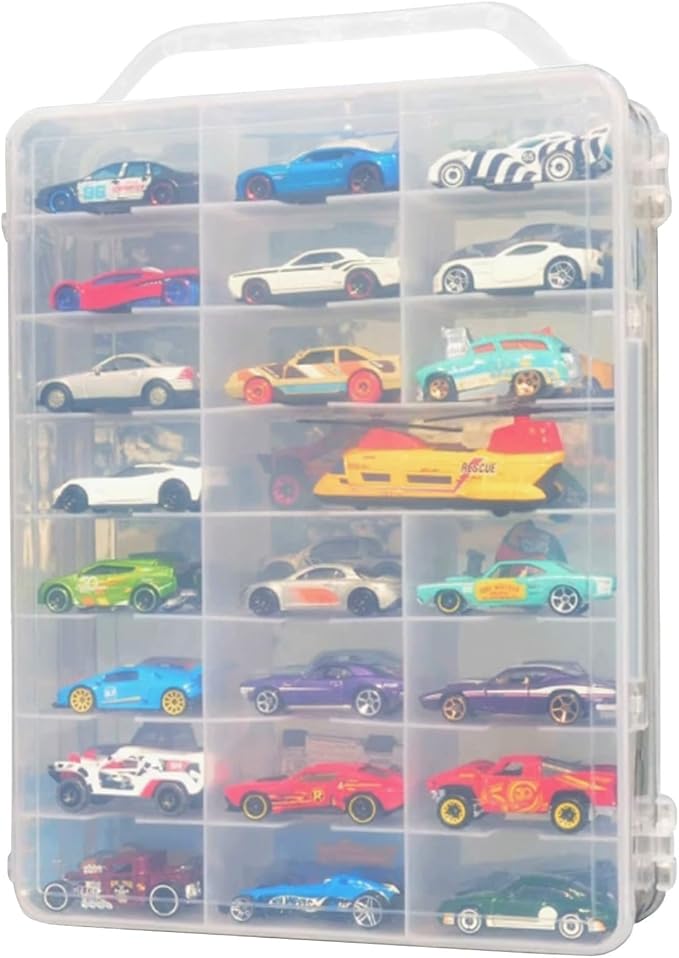 Portable Transparent Double Sided Storage Case - 48 Compartments for Toy Cars, Matchbox Cars, 1:64 Scale Model Cars, with Handle (Case Only)
