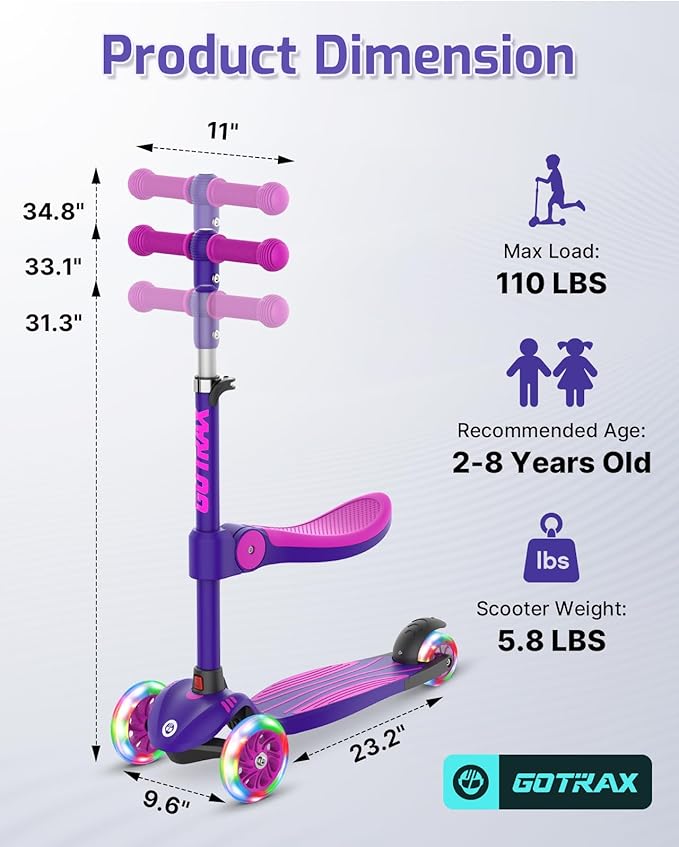 Gotrax KS3 Kids Kick Scooter, LED Lighted Wheels, Adjustable Height Handlebars and Removable Seat, Lean-to-Steer & Widen Anti-Slip Deck, 3 Wheel Scooter for Kids Ages 2-8 and up to 110 Lbs