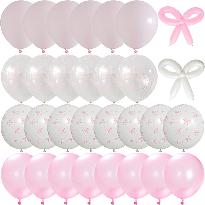 Pink Bow Balloons, 62Pcs Pastel Light Pink Clear White Bow Latex Balloons, 12Inch Transparent Bowknot Print Helium Balloon for Girls Women Princess Coquette Birthday Wedding Bridal Baby Shower Party