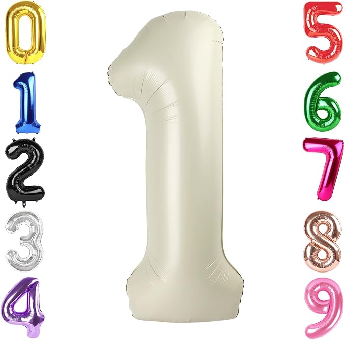 40 Inch Cream Number 1 Balloon, Giant Number 1 Balloons for 11th 12th 21st Birthday Decorations, Party Supplies for Baby Boy Girl, Cream Party Decor