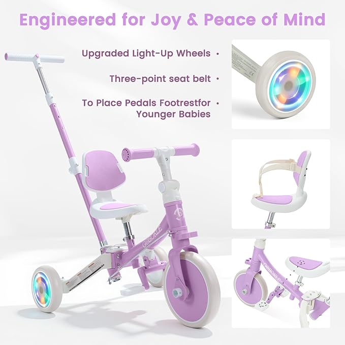 5-in-1 Tricycle for Toddlers 1-3, Convertible Toddler Bike with Push Handle & Removable Pedals, Balance Bike with Colorful Lighting Wheels, Adjustable Seat Height with Backrest (Purple)