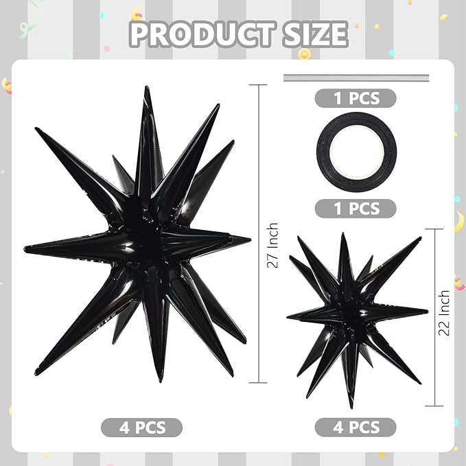 TONIFUL 8 Pcs Black Star Foil Balloons Large Star Balloons Black Explosion Mylar Balloons for Party Backdrop Christmas New Year Halloween Birthday Wedding Baby Shower Anniversary Photo Booth Supplies