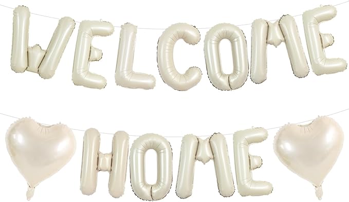 TONIFUL Welcome Home Balloons,16 Inch Cream White Welcome Home Foil Balloons Banner Welcome Home Party Decorations for Homecoming Party Decorations House Warming Party Family Gathering Supplies
